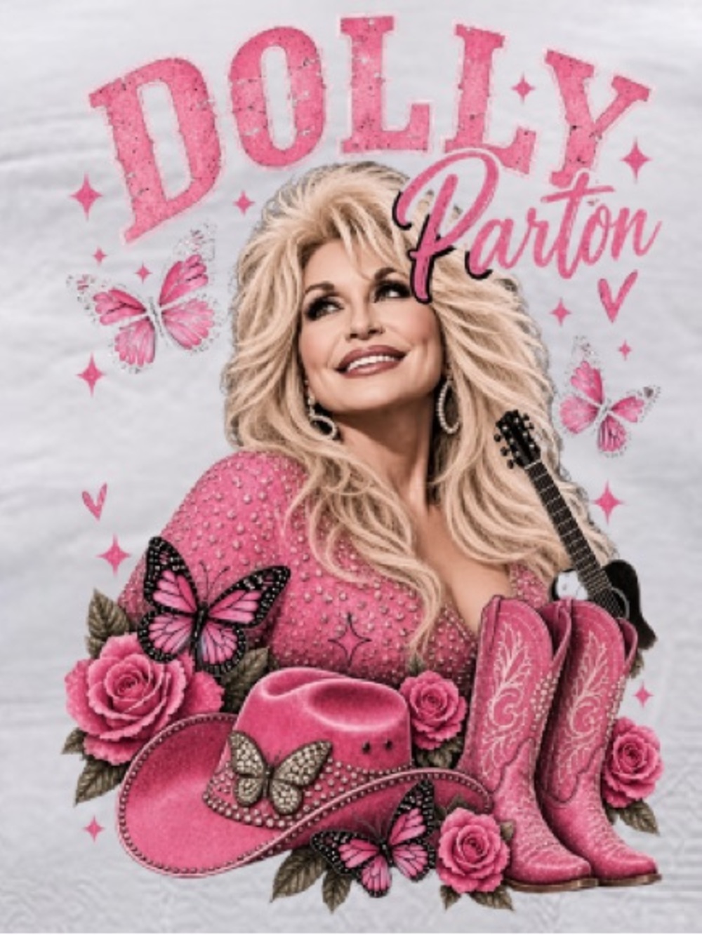 Dolly Parton Pink Cowboy Hat Boots Roses Butterflies Country Music Vintage Tee - Picture 3 of 7